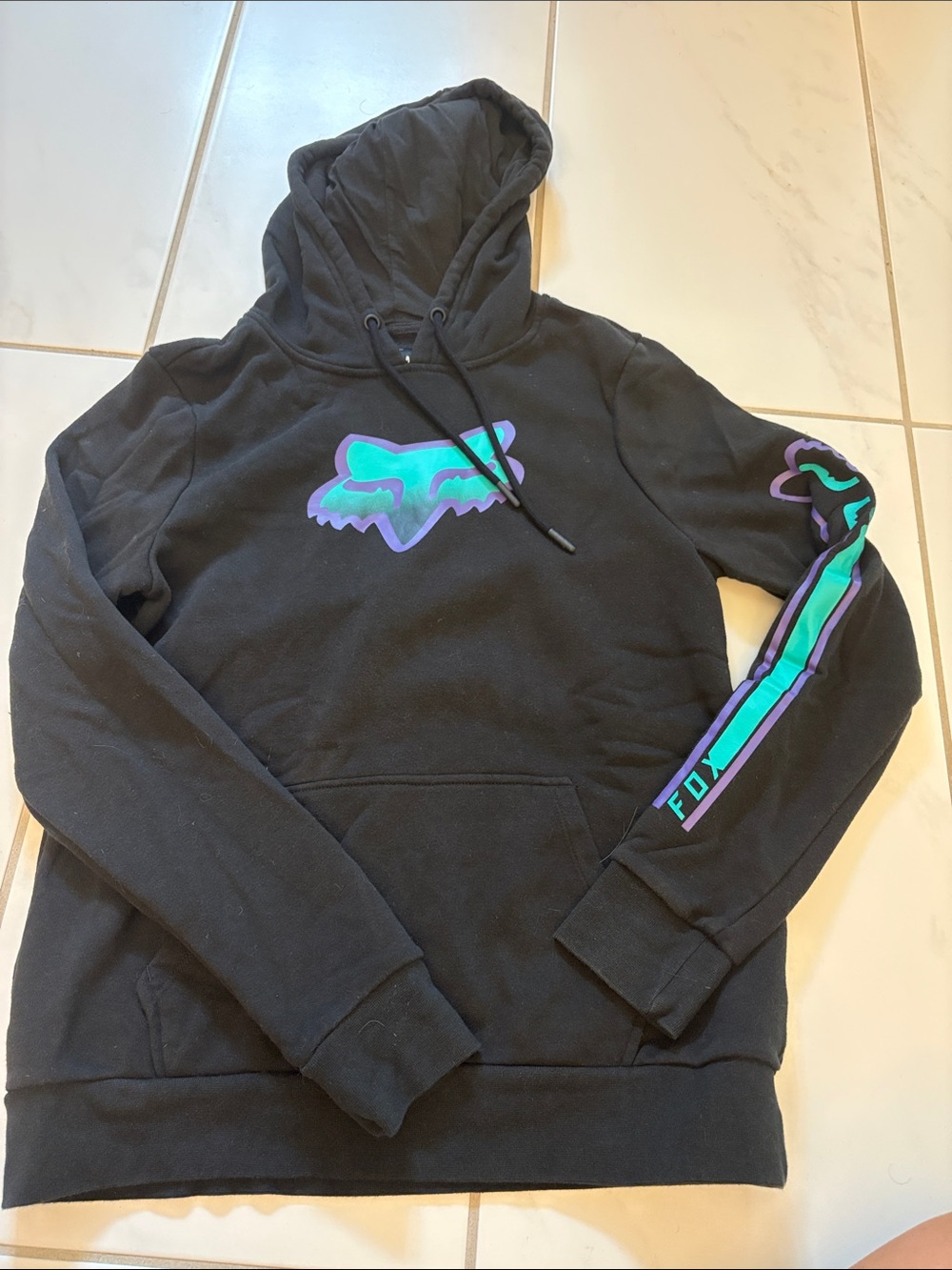 Fox Racing Black Hoodie with Teal and Purple Accents